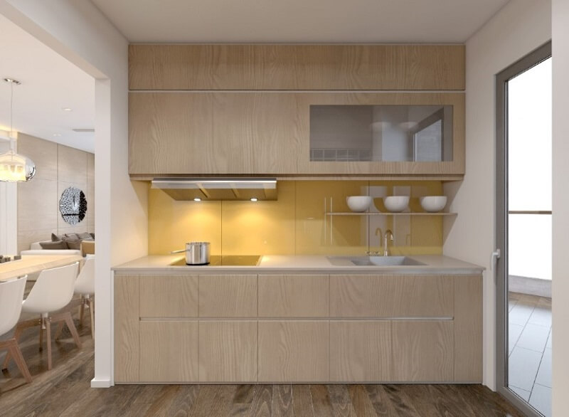 Mẫu tủ bếp gỗ công nghiệp cao cấp màu sáng với phần trần treo nhỏ gọn kết hợp thiết bị bếp thông minh. Tủ bếp gỗ công nghiệp và tủ bếp acrylic