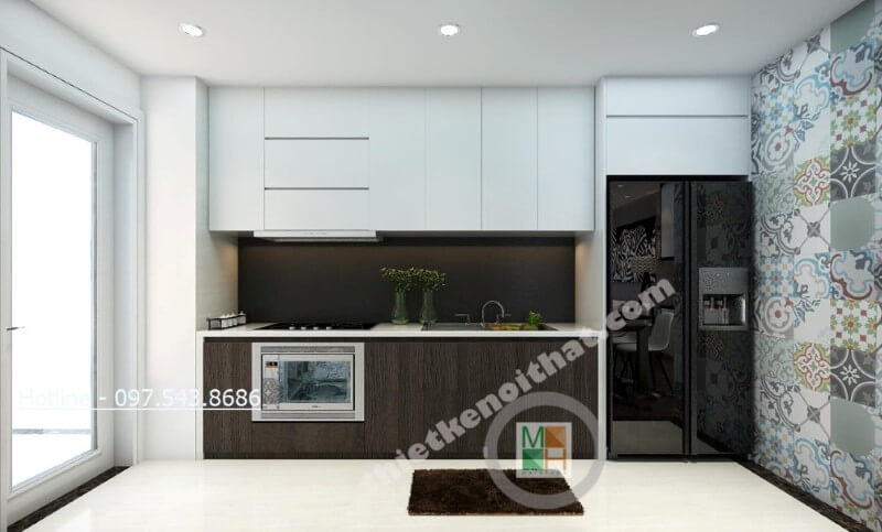 Chỉ với 2 tone màu trắng và nâu trầm đóng vai trò chủ đạo, không gian phòng bếp thêm phần đẹp mắt, sang trọng và rộng thoáng Tủ bếp gỗ công nghiệp và tủ bếp acrylic