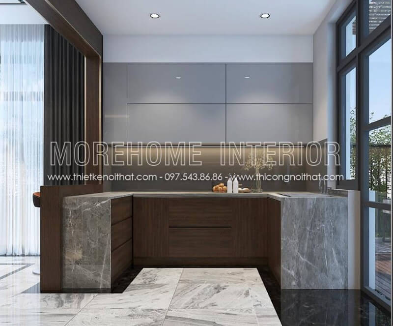 Mẫu tủ bếp đẹp phong cách hiện đại được làm từ chất liệu gỗ công nghiệp nhẹ nhàng phù hợp với nhiều không gian sống như chung cư, biệt thự... Tủ bếp gỗ công nghiệp và tủ bếp acrylic