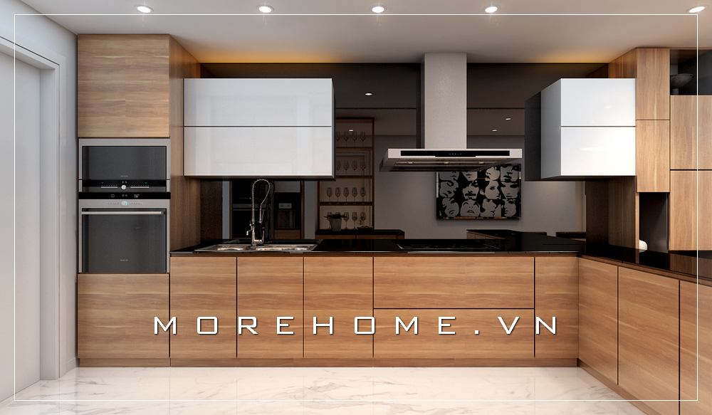 Mẫu tủ bếp gỗ công nghiệp tông màu nâu sáng, mặt tủ ốp đá bếp màu đen cao cấp mang đến căn bếp sạch sẽ và tiện nghi nhất cho người nội trợ Tủ bếp gỗ công nghiệp và tủ bếp acrylic