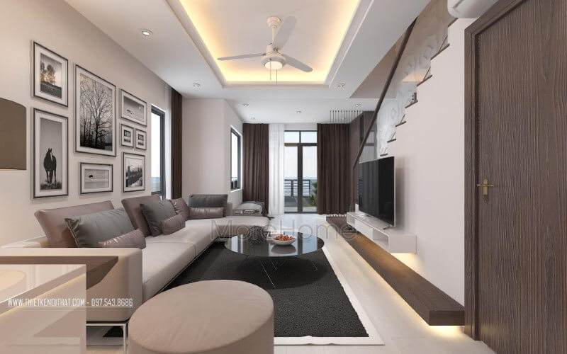 Sofa góc L bọc da cao cấp tạo điểm nhấn sang trọng cho phòng khách hiện đại. Thiết kế phòng khách nhà phố