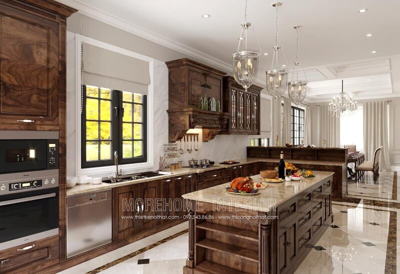 Tủ bếp gỗ óc chó tân cổ điển được thiết kế từ chất liệu gỗ tự nhiên nhập khẩu dành riêng cho biệt thự, chung cư cao cấp Thiết kế tủ bếp đẹp