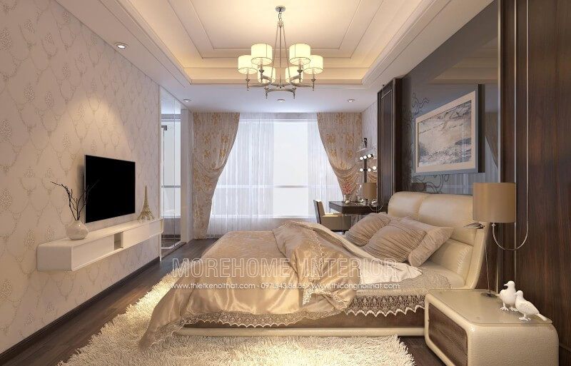 Giường ngủ biệt thự cao cấp đầy ấn tượng, phần đầu giường được thiết kế dạng hơi thoải có độ cao phù hợp  là chỗ dựa lưng lý tưởng để gia chủ có thể thoải mái đọc sách báo, lướt web